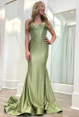 Elegant Satin Mermaid Prom Dresses 2025 with V-Neck, Lace Applique & Spaghetti Strap – FD5061