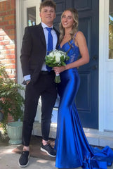 Elegant Satin Mermaid Prom Dresses 2025 with V-Neck, Lace Applique & Spaghetti Strap – FD5061