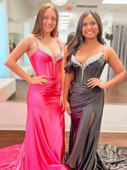Elegant Satin Prom Dresses 2025 with Spaghetti Strap & Slit – FD5022