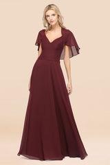 Elegant Satin V-Neck Chiffon Bridesmaid Dress Long with Flutter Sleeve