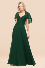 Elegant Satin V-Neck Chiffon Bridesmaid Dress Long with Flutter Sleeve