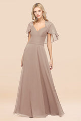 Elegant Satin V-Neck Chiffon Bridesmaid Dress Long with Flutter Sleeve