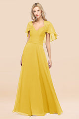 Elegant Satin V-Neck Chiffon Bridesmaid Dress Long with Flutter Sleeve