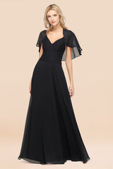 Elegant Satin V-Neck Chiffon Bridesmaid Dress Long with Flutter Sleeve
