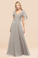 Elegant Satin V-Neck Chiffon Bridesmaid Dress Long with Flutter Sleeve