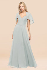 Elegant Satin V-Neck Chiffon Bridesmaid Dress Long with Flutter Sleeve