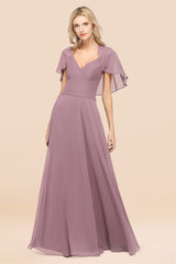 Elegant Satin V-Neck Chiffon Bridesmaid Dress Long with Flutter Sleeve