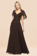 Elegant Satin V-Neck Chiffon Bridesmaid Dress Long with Flutter Sleeve