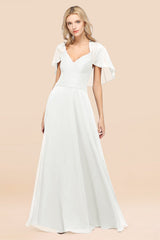 Elegant Satin V-Neck Chiffon Bridesmaid Dress Long with Flutter Sleeve