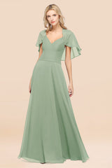 Elegant Satin V-Neck Chiffon Bridesmaid Dress Long with Flutter Sleeve