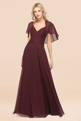 Elegant Satin V-Neck Chiffon Bridesmaid Dress Long with Flutter Sleeve