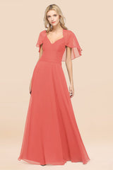 Elegant Satin V-Neck Chiffon Bridesmaid Dress Long with Flutter Sleeve