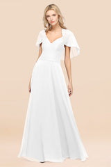 Elegant Satin V-Neck Chiffon Bridesmaid Dress Long with Flutter Sleeve