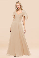 Elegant Satin V-Neck Chiffon Bridesmaid Dress Long with Flutter Sleeve
