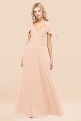 Elegant Satin V-Neck Chiffon Bridesmaid Dress Long with Flutter Sleeve