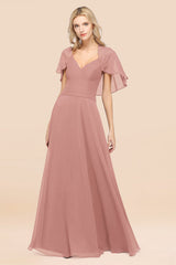 Elegant Satin V-Neck Chiffon Bridesmaid Dress Long with Flutter Sleeve