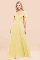 Elegant Satin V-Neck Chiffon Bridesmaid Dress Long with Flutter Sleeve