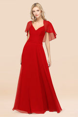 Elegant Satin V-Neck Chiffon Bridesmaid Dress Long with Flutter Sleeve