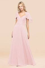 Elegant Satin V-Neck Chiffon Bridesmaid Dress Long with Flutter Sleeve