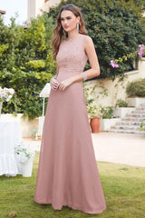 Elegant Scoop Neck Chiffon Long Evening Dress Sleeveless Floral Lace Aline Party Wear Dress