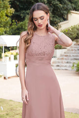 Elegant Scoop Neck Chiffon Long Evening Dress Sleeveless Floral Lace Aline Party Wear Dress