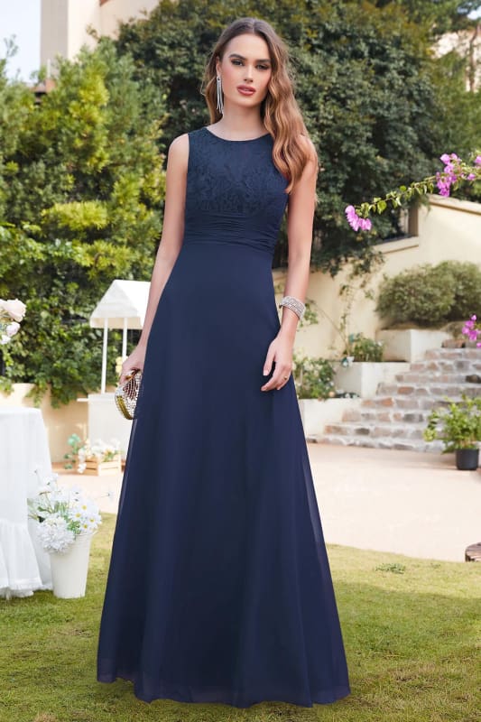 Elegant Scoop Neck Chiffon Long Evening Dress Sleeveless Floral Lace Aline Party Wear Dress
