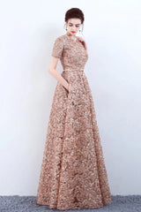 Elegant Short Or Long Sleeves Lace Evening Gowns Online Zipper Back With Belt