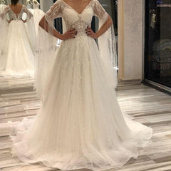 Elegant Short-Sleeve Lace A-Line Wedding Gown Deep V-Neck Pearls Bridal Dress