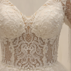 Elegant Short-Sleeve Lace A-Line Wedding Gown Deep V-Neck Pearls Bridal Dress