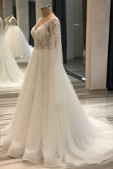 Elegant Short-Sleeve Lace A-Line Wedding Gown Deep V-Neck Pearls Bridal Dress