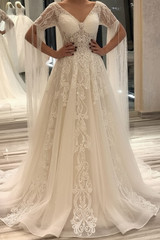 Elegant Short-Sleeve Lace A-Line Wedding Gown Deep V-Neck Pearls Bridal Dress