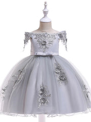 Elegant Short Sleeve Off Shoulder Above Knee Flower Girl Dress with Satin Tulle Lace Beadings and Appliques