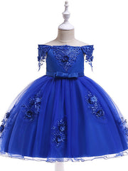 Elegant Short Sleeve Off Shoulder Above Knee Flower Girl Dress with Satin Tulle Lace Beadings and Appliques