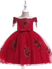 Elegant Short Sleeve Off Shoulder Above Knee Flower Girl Dress with Satin Tulle Lace Beadings and Appliques