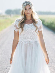 Elegant Short Sleeves Lace Tulle Wedding Dresses