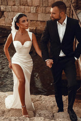 Ivory Sweetheart Wedding Dress Mermaid Satin Bridal Dress Solid Color Simple With Slit
