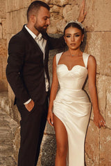Ivory Sweetheart Wedding Dress Mermaid Satin Bridal Dress Solid Color Simple With Slit