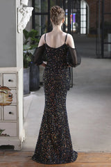 Elegant Spaghetti-Straps V-Neck Sequined Evening Formal Dress Mermaid With Bubble Tulle Sleeves