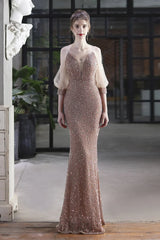 Elegant Spaghetti-Straps V-Neck Sequined Evening Formal Dress Mermaid With Bubble Tulle Sleeves
