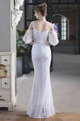 Elegant Spaghetti-Straps V-Neck Sequined Evening Formal Dress Mermaid With Bubble Tulle Sleeves