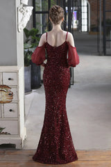 Elegant Spaghetti-Straps V-Neck Sequined Evening Formal Dress Mermaid With Bubble Tulle Sleeves
