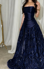 Navy Blue Long Prom Dresses Satin Evening Gowns Dresses Elegant