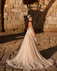 Champagne Wedding Dress Sweetheart A Line Beaded Tulle Bridal Gown With Appliques And Slit Off Shoulder