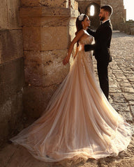 Champagne Wedding Dress Sweetheart A Line Beaded Tulle Bridal Gown With Appliques And Slit Off Shoulder