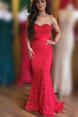 Elegant Sweetheart Mermaid Red Lace Long Prom with Sash Bridesmaid Dress