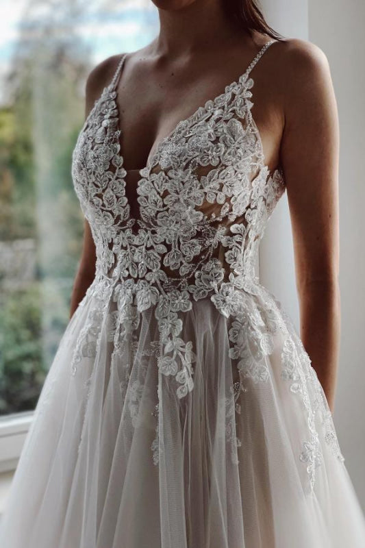 Elegant Tulle Floral Lace Aline Wedding Dresses Sleeveless