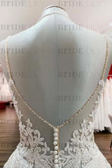 Elegant Tulle Lace A-line Wedding Dress V-neck with Spaghetti Straps