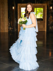 Elegant Tulle Prom Dresses with Slit, Pleated Bodice, Tiered Bottom & Bow-Tie Strap - FD3722