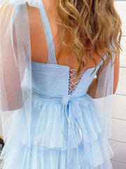 Elegant Tulle Prom Dresses with Slit, Pleated Bodice, Tiered Bottom & Bow-Tie Strap - FD3722