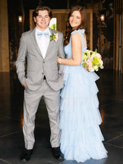Elegant Tulle Prom Dresses with Slit, Pleated Bodice, Tiered Bottom & Bow-Tie Strap - FD3722